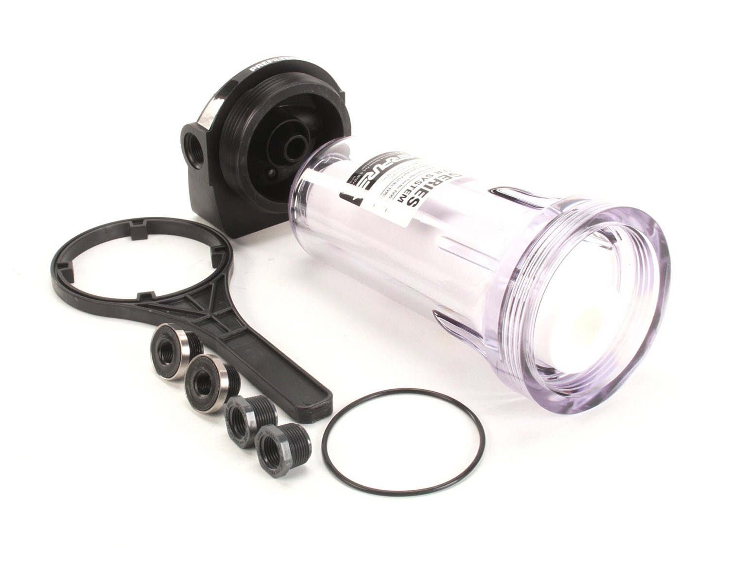 Components of the Hoshizaki 9795-80 water filtration system, including the prefilter housing, manifold, and cartridge wrench, laid out on a white surface