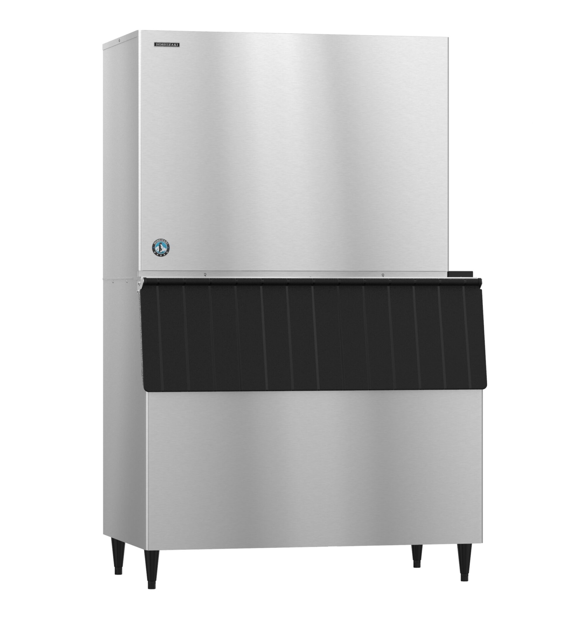 Large stainless steel Hoshizaki KM-1900SRJZ ice maker head on a B-900SF ice storage bin